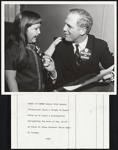 March of Dimes Poster Girl Jackie Shaughnessy finds a friend in Mayor White as he signs a proclamation designating the week of Jan. 21-28 as March of Dimes Mothers' March Week in Boston.