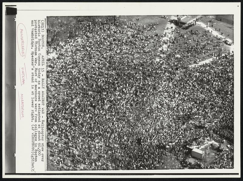 Rally Against War- Helicopter view over historic Boston Common today as a crowd estimated at about 60,000 protested Vietnam War. Most of marchers were from colleges in Boston and Cambridge. Speaker's stand is at lower right.