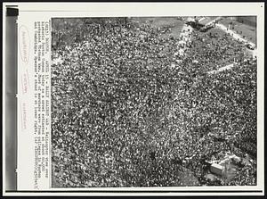 Rally Against War- Helicopter view over historic Boston Common today as a crowd estimated at about 60,000 protested Vietnam War. Most of marchers were from colleges in Boston and Cambridge. Speaker's stand is at lower right.