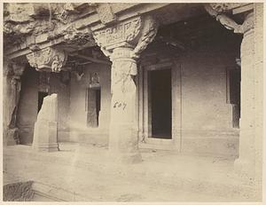 General view from the right of porch and entrance to Buddhist Vihara, Cave XX, Ajanta