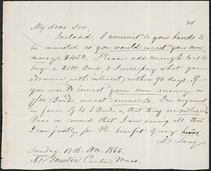 Letter from Zadoc Long to John D. Long, November 18, 1866