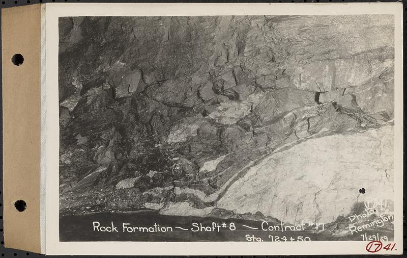 Contract No. 17, West Portion, Wachusett-Coldbrook Tunnel, Rutland, Oakham, Barre, rock formation, Shaft 8, Sta. 724+50, Barre, Mass., Jul. 29, 1929