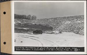 Contract No. 93, Completion of East Branch Baffle, Petersham (formerly in the Town of Greenwich), and Hardwick, looking northerly at east branch baffle from near four corners, Hardwick, Mass., Jan. 10, 1940