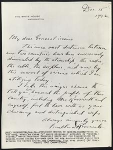 President Writes to Generalissimo--This is the note, minus an extra "L" which originally appeared in "Generalissimo," which President Roosevelt wrote out for transmission to Generalissimo Chiang Kai-shek over the new radio-picture facilities between the United States and Chungking.