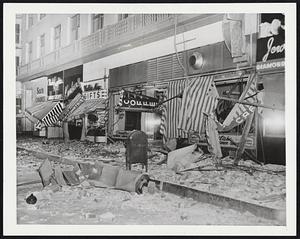 Ten-Second Shakedown. This is part of the destruction caused to the Hopkins Building in Bakersfield; Calif., by an earthquake which lasted for 10 seconds on Aug. 22, 1952. Almost the entire roof ledge fell to the street. Greatest damage was inside, to walls and ceilings. Today the building has been restored and strengthened. The quake and aftershocks left two persons dead, 32 injured, and 396 buildings damaged at a cost estimated at $48,650,000. Two years later reconstruction finds the city improved and growing in population.