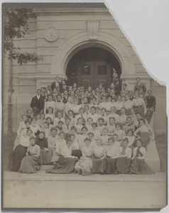 Newton High School Class of 1900 yearbook pictures plus reunion biographies, 1900 - - Group Photograph of 25th Reunion Class Attendees on Steps of Newton High School -