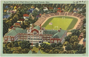Aerial view of Scott High School and bowl, Toledo, Ohio