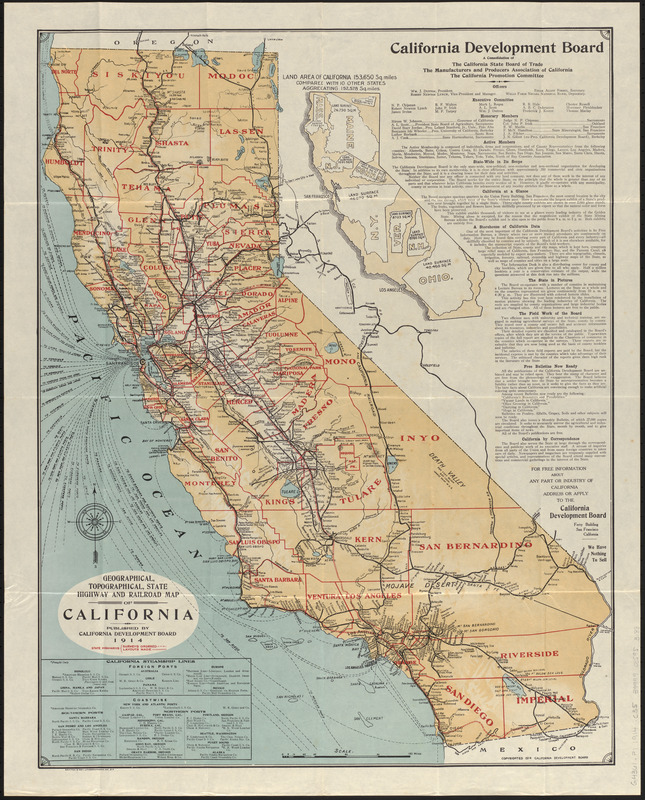 Geographical, topographical, state highway and railroad map of California