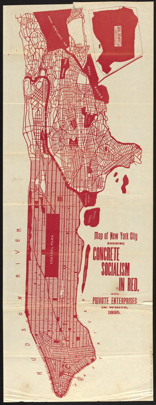 Map of New York City showing concrete socialism in red, and private enterprises in white, 1895