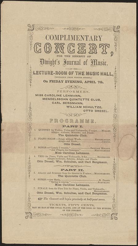 Complimentary concert, for the benefit of Dwight's Journal of Music at ...