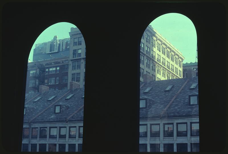 View of South Market through Quincy Market windows, Boston