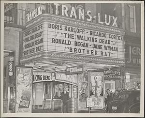 Trans-Lux Theatre, "Walking Dead" and "Brother Rat" listed on marquee, Washington Street, Boston