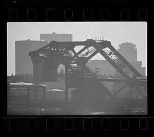 Railroad bridge and city skyline, Boston