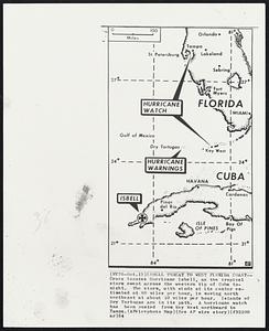 Isbell Threat to West Florida Coast--Cross locates Hurricane Isbell, as the tropical storm swept across the western tip of Cuba tonight. The storm, with winds at its center estimated at 80 miles per hour, is moving north northeast at about 10 miles per hour. Islands of Dry Tortugas are in its path. A hurricane watch has been posted from Key West northward to Tampa.