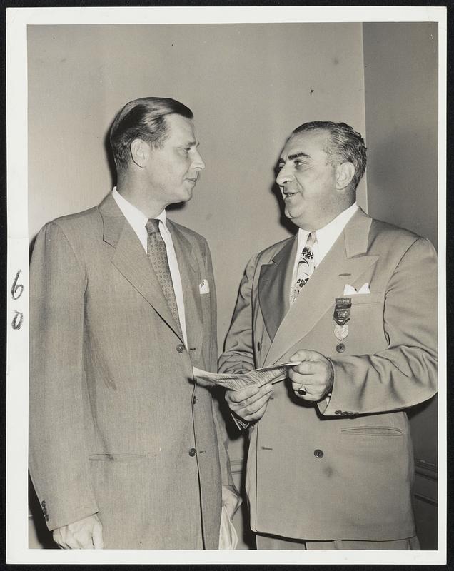 Tobin at Labor Meeting – Secretary of Labor Maurice J. Tobin (left) is greeted by John J. DelMonte, retiring president of the Massachusetts Federation of Labor and state commissioner of labor and industries, at today’s session of the federation’s convention at Hotel Statler.