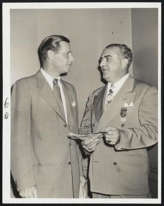 Tobin at Labor Meeting – Secretary of Labor Maurice J. Tobin (left) is greeted by John J. DelMonte, retiring president of the Massachusetts Federation of Labor and state commissioner of labor and industries, at today’s session of the federation’s convention at Hotel Statler.