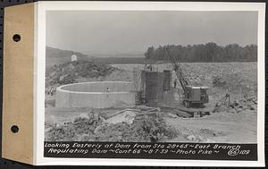 Contract No. 66, Regulating Dams, Middle Branch (New Salem), and East Branch of the Swift River, Hardwick and Petersham (formerly Dana), looking easterly at dam from Sta. 28+65, east branch regulating dam, Hardwick, Mass., Aug. 7, 1939