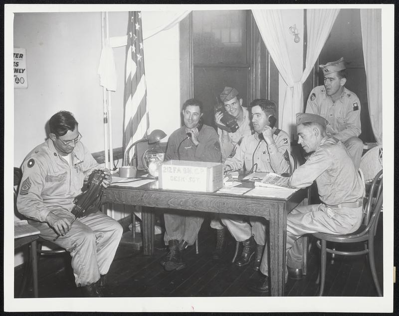 National Guardsmen man headquarters at Fairhaven, Front, left to right, M/Sgt. Charles O. Joerres, Sfc. Manuel Martin, M/Sgt. William P. McCarthy and CWO Henry E. Parkin. Rear, Cpl. Hervey Fortin and Capt. John D. Masten.