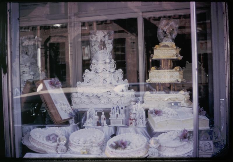 Cakes displayed in a store window