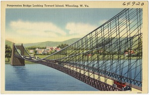 Suspension bridge looking toward island, Wheeling, W. Va.