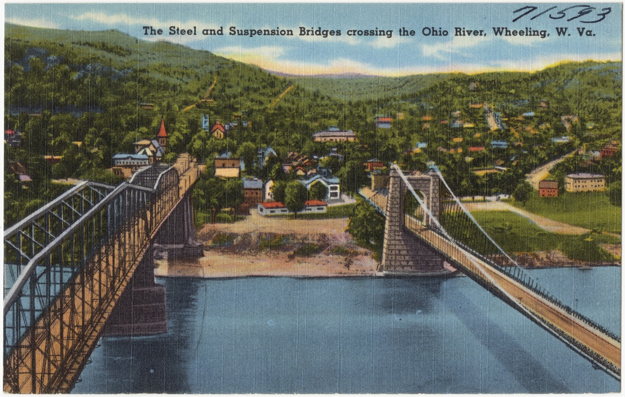 The steel and suspension bridges crossing the Ohio River, Wheeling, W. Va.