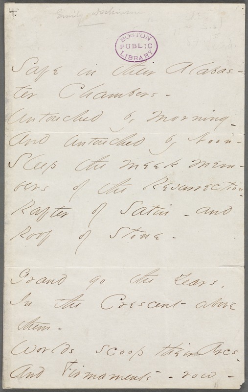 Emily Dickinson, Amherst, Mass., autograph manuscript poem: Safe in their Alabaster Chamber, 1862