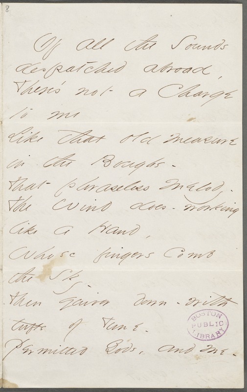 Emily Dickinson, Amherst, Mass., autograph manuscript poem: Of all the Sounds dispatched abroad, 1862
