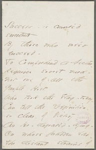 Emily Dickinson, Amherst, Mass., autograph manuscript poem: Success is counted sweetest, 1862