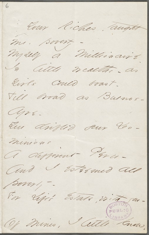 Emily Dickinson, Amherst, Mass., autograph manuscript poem: Your riches taught me poverty, 1862