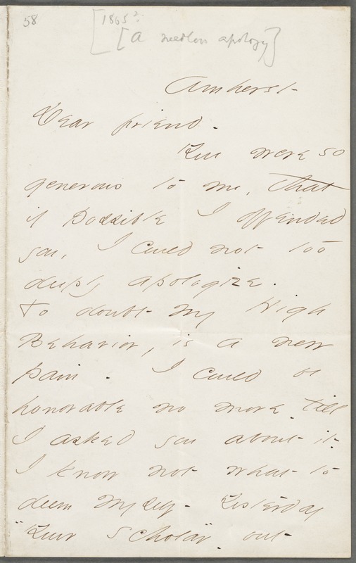 Emily Dickinson, Amherst Mass., autograph letter to Thomas Wentworth Higginson, about 1863