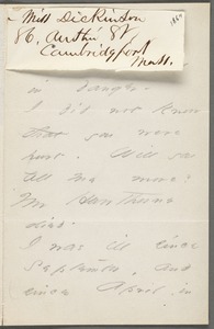 Emily Dickinson, Cambridgeport, Mass., autograph letter signed to Thomas Wentworth Higginson, early June 1864
