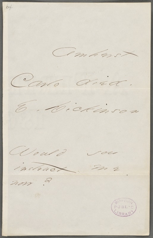 Emily Dickinson, Amherst, Mass., autograph note signed to Thomas Wentworth Higginson, 27 January 1866