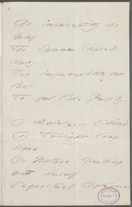Emily Dickinson, Amherst, Mass., autograph manuscript poem: As imperceptibly as Grief, 1866