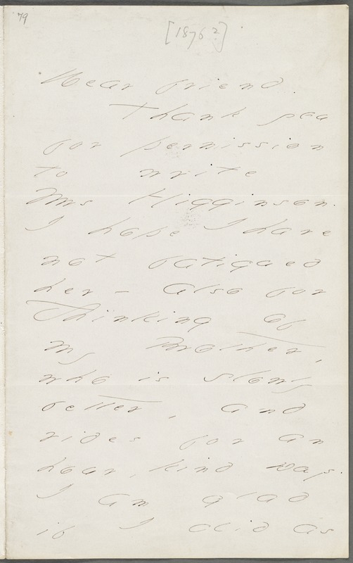 Your Scholar (Emily Dickinson), Amherst, Mass., autograph letter signed to Thomas Wentworth Higginson, early 1877