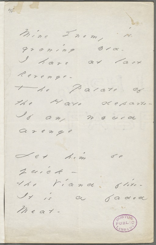 Emily Dickinson, Amherst, Mass., autograph manuscript poem: Mine enemy is growing old, 1880