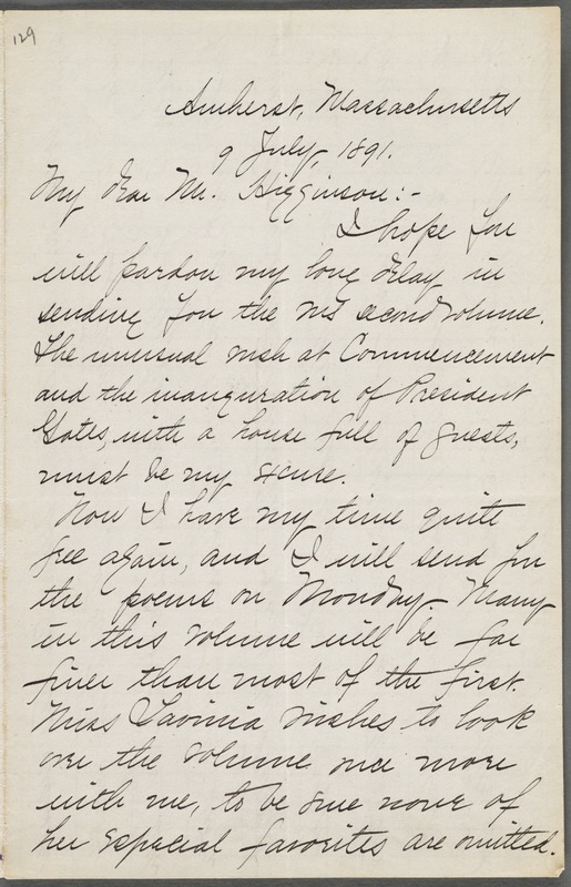 Mabel Loomis Todd, Amherst, Mass., autograph letter signed to Thomas Wentworth Higginson, 9 July 1891