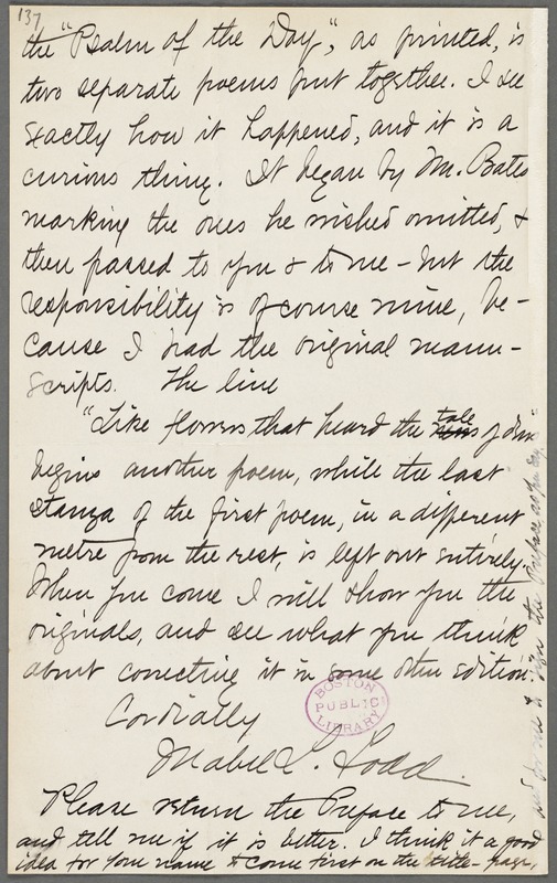 Mabel Loomis Todd, Amherst, Mass., autograph letter signed (initials) to Thomas Wentworth Higginson, 13 August 1891