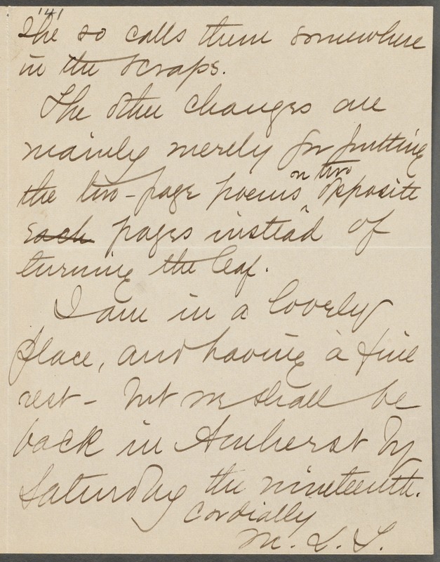 Mabel Loomis Todd, Wyoming, N.Y., autograph letter signed (initials) to Thomas Wentworth Higginson, 8 September 1891