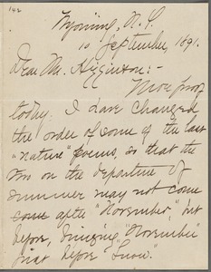 Mabel Loomis Todd, Wyoming, N.Y., autograph letter signed to Thomas Wentworth Higginson, 10 September 1891