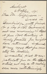 Mabel Loomis Todd, Amherst, Mass., autograph letter signed to Thomas Wentworth Higginson, 6 October 1891