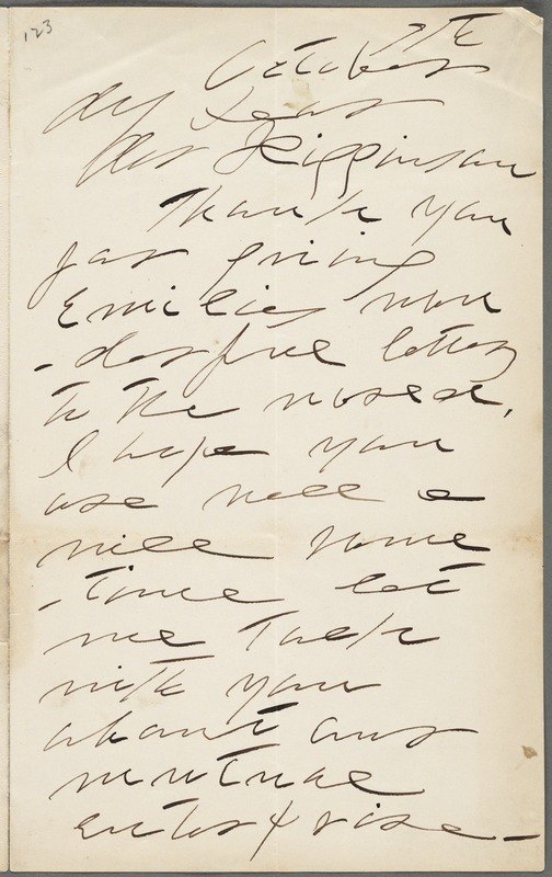 Lavinia Norcross Dickinson, Amherst, Mass., autograph letter signed to Thomas Wentworth Higginson, 7 October 1891