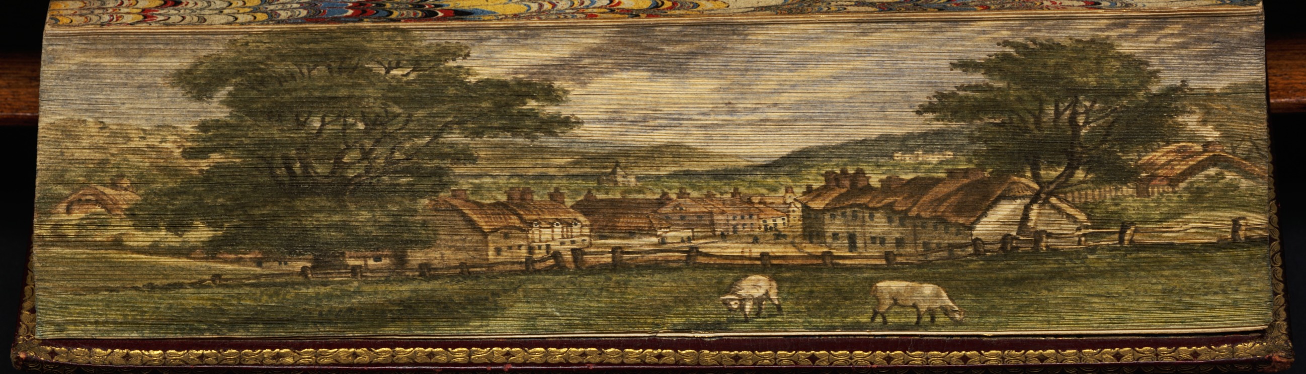 Winborne, Dorset, the birthplace of Matthew Prior, showing houses and cattle