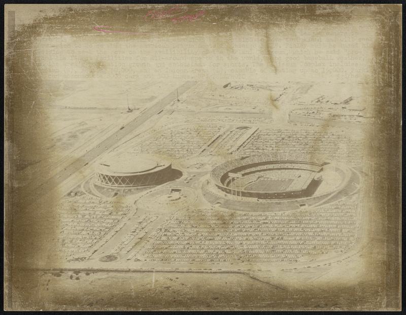 Finley has announced his decision to move to Oakland and will seek permission to do so when the American League meets in Chicago 10/18. Finley said he based his decision to seek the move on the availability of the Oakland Coliseum, which he said "pro-[illegible] the finest facilities for all-around sports in the world," the good baseball weather, the area's population growth and enthusiasm for sports. The Coliseum Complex includes the Coliseum (R), seating 50,000, and an indoor arena (L), capable of seating up to 15,000. Parking can accomodate 8,000 cars and 300 buses.