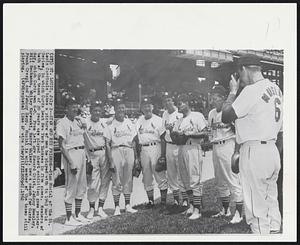 Stan and his Friends--Stan Musial of the St. Louis Cardinal takes a picture of men he played with in 1942 World Series, in which Cards beat new York Yankees in five games. Members of both of the teams of 20 years age played short exhibition game yesterday, which Cards won 6-0. From left are Howard Crist, Johnny Beazley, Bill Beckmann, Whitey Kurowski, harry Walker, new a coach for Cards, Frank Crespi and Johnny Hepp. Musial is only member of the teams still playing.