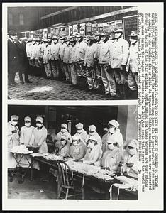The current Hong Kong flu is perilous, but by no means as deadly as the Spanish flu of 1918. At top, masked Chicago sanitation men are inspected during the height of the 1918 epidemic. Bottom, masked Red Cross workers are busy making gauze masks during the plague of Spanish flu. In 1918, the death toll across the world was 21 million. America listed its dead at 548,452.