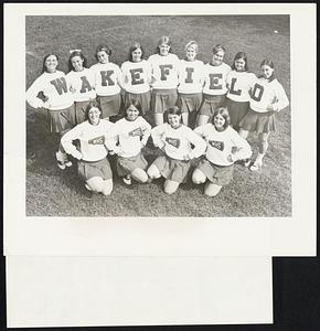 Wakefield High Cheerleader - (Front, L-R) Jean McLaughlin, Gail Porter, Lynda Thibodeau, Joyce Vogt. Back, Mary Alice Doyle (head), Pat Cummings (sub-head), Mary Hubbard, Cindy Lamy, Betsy Hurton, Ann Chisholm, Chris Ramsay, Cheryl Jacobs, Kathy Sullivan.