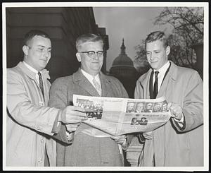 Georgetown University students George W. Stafford, left, Laconia, N.H., and Maurice Tobin, right, son of the late Maurice Tobin, former governor of Massachusetts and Secretary of Labor, are greeted in Washington by Rep. Chester E. Merrow (N.H.)