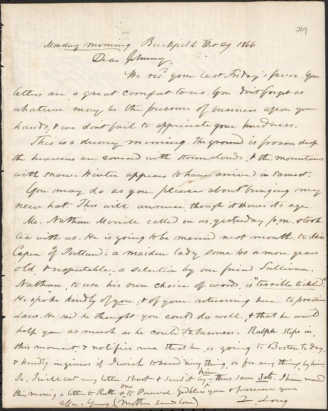 Letter from Zadoc Long to John D. Long, October 29, 1866