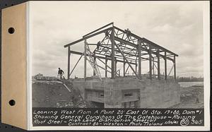 Contract No. 80, High Level Distribution Reservoir, Weston, looking west from a point 20 feet east of Sta. 19+80, dam 1 showing general conditions of the gatehouse, raising roof steel, high level distribution reservoir, Weston, Mass., May 29, 1940