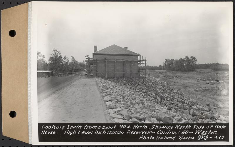 Contract No. 80, High Level Distribution Reservoir, Weston, looking south from a point 90 feet+/- north, showing north side of gatehouse, high level distribution reservoir, Weston, Mass., Jul. 23, 1940